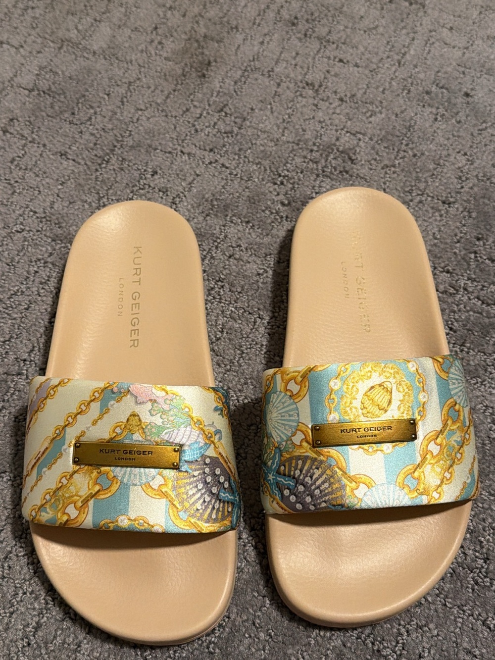 Kurt Geiger Beige and Aqua Chain-Print Slide Sandals with Gold Plaque